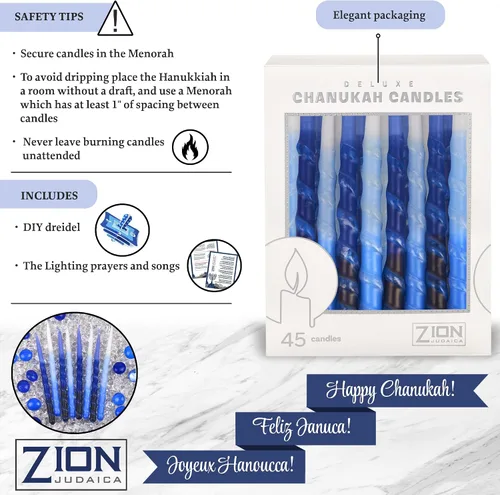 Vista 8 de Velas para Janucá hechas a mano con tres tonos de colores, 5.5 pulgadas de alto, de Zion Judaica