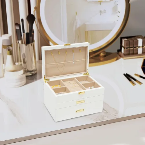 Vista 2 de LOYALHEARTDY Joyero de madera grande de 3 capas, organizador grande de joyería para mujeres, 2 cajones de almacenamiento para anillos, collares