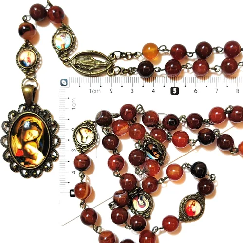 Vista 6 de GeekTenet Seven Sorrows Rosary Beads Chaplet Dark brown Natural agate Rosery Catholic gifts
