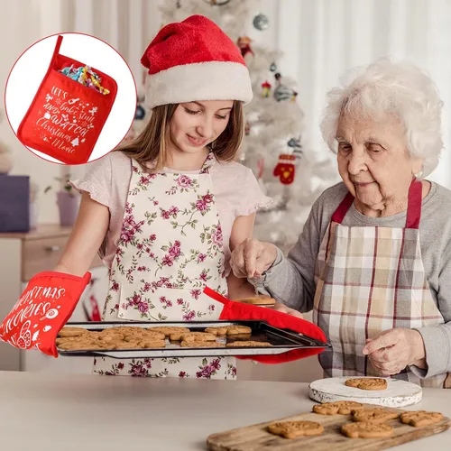Vista 5 de 6 agarraderas de Navidad con bolsillo para cocina, almohadilla caliente, manoplas de horno de granja, bolsa de galletas para regalo de Navidad verde