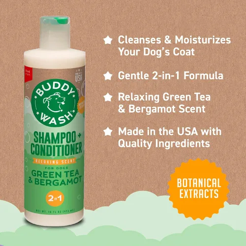 Vista 6 de Buddy Grooming Wash Champú 2 en 1 para perros, té verde y bergamota, botella de 16 onzas