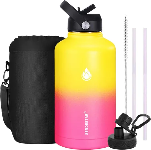 Vista 20 de SENDESTAR Botella de agua aislada de 24 onzas, boca ancha, botella de agua de 24 onzas con tapa con popote, tapa de boquilla, acero inoxidable