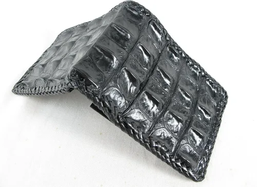 Vista 4 de Cartera plegable hecha a mano con piel auténtica de cocodrilo y cocodrilo, Negro -, Billetera plegable