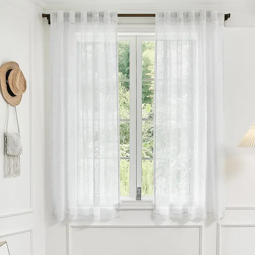 Vista 17 de 2 paneles de cortinas de lino transparente natural de 45 pulgadas, color beige para ventanas pequeñas, bolsillo con pestaña trasera, cortinas cortas