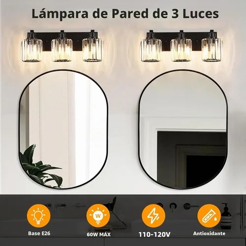 Vista 8 de 3 luces de cristal para tocador de baño, moderna lámpara de baño negra sobre espejo, luces de tocador para dormitorio, baño, pasillo, base E26 Negro