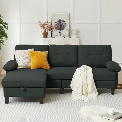 Vista 9 de Sofá modular convertible de 84 pulgadas, moderno sofá pequeño en forma de L de tela de lino con diván reversible, sofá de 3 asientos para sala