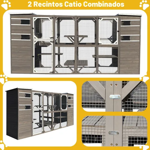Vista 7 de Gowoodhut Catio grandes recintos para exteriores – Casa de madera para gatos resistente a la intemperie con múltiples plataformas y techo resistente