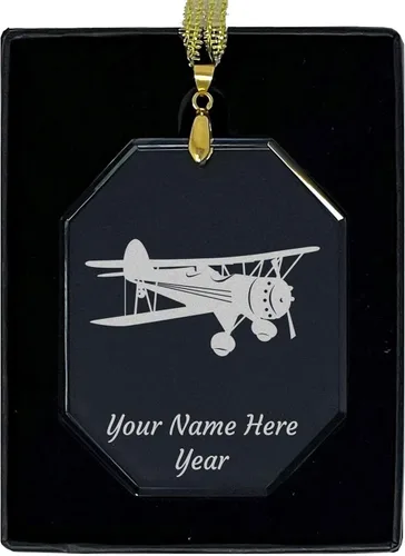 Vista 7 de LaserGram Adorno de Navidad de vidrio personalizado, biplano, idea de regalo grabada con láser personalizada (forma de diamante)