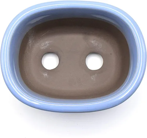 Vista 3 de Bonsai Pot de cerámica Seto-Yaki forma ovalada esmaltada con borde (6.5 pulgadas, Kinyo-Yu)