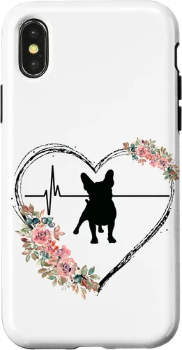 Vista 5 de French Bulldog Heartbeat with Flowers On White Case for iPhone 17