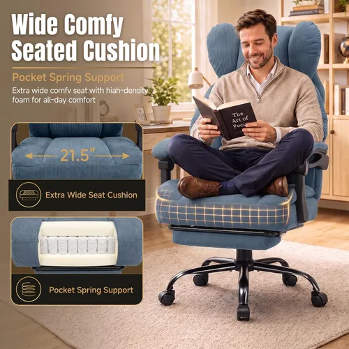 Vista 6 de GTPLAYER Big&Tall Silla ergonómica para juegos, asiento de resorte ancho, reposabrazos de conexión, azul