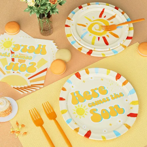Vista 5 de Hombae Here Comes the Son - Juego de vajilla de decoración para baby shower con platos, servilletas, tenedores, suministros de fiesta de baby