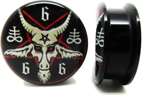 Vista 4 de Par de tapones para los oídos Baphomet 666 con pentagrama Tornillo acrílico 10 tamaños (58 pulgadas (0.630in)), Acrílico
