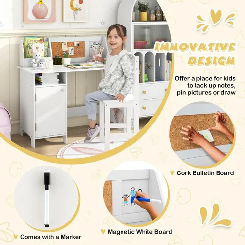 Vista 4 de Costzon Juego de escritorio y silla para niños, mesa de estudio de madera para niños con almacenamiento, gabinete, tablero de anuncios de corcho