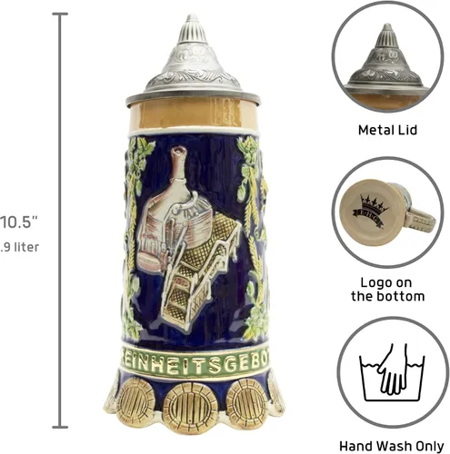 Vista 3 de Essence of Europe Gifts OktoberfestHaus - Taza con tapa para amantes de la cerveza, regalo Reinheitsgebot (ley de pureza de Alemania) con tapa Jarra
