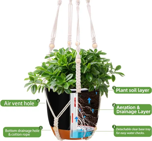 Vista 4 de Paquete de 2 macetas colgantes de riego automático de 7.2 pulgadas para plantas de interior y exterior, macetas colgantes de macramé de 34 pulgadas