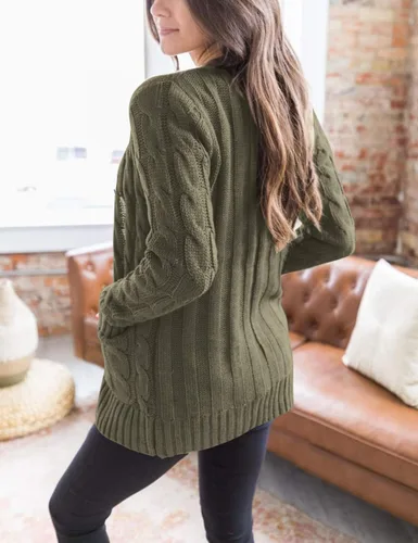 Vista 2 de MEROKEETY - Suéter de punto trenzado y manga larga para mujer, estilo cárdigan abierto al frente, con botones, para otoño, ropa de exterior holgada