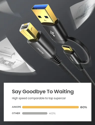 Vista 6 de AINOPE - Cable de impresora de 2 metros negro, cable USB para MacBook Pro USB A y USB C a USB-B 2.0, cable MIDI USB C de nylon trenzado nuevo, nunca