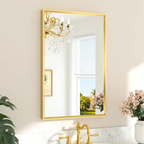 Vista 26 de TETOTE Espejo de baño dorado cepillado de 20" x 30", espejo de tocador de baño rectangular de latón dorado cepillado con marco biselado para sobre