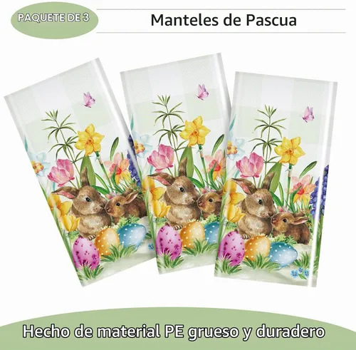 Vista 4 de Riakrum Mantel de Pascua rectangular de plástico con huevos de conejo, mantel floral para decoración y suministros de fiesta de Pascua, primavera