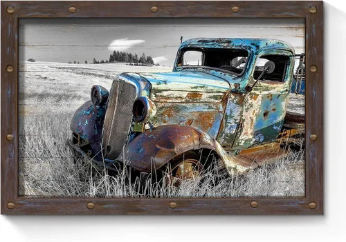 Vista 11 de SunFlax Arte de Lienzo de Pared de Carro Oxidado: Obra de Arte de Camión Azul Viejo Cuadro Rústico de Automóvil Pintura Vintage de Campo Antigua