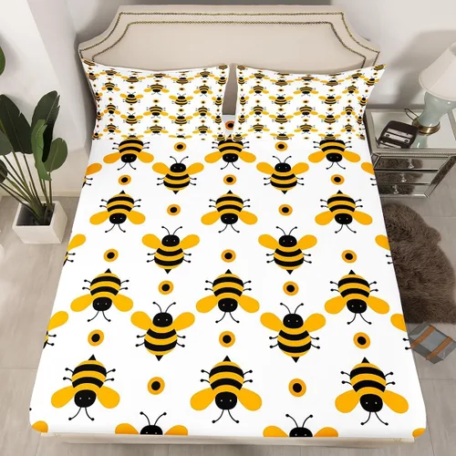 Vista 2 de Erosebridal Yellow Bee - Sábana bajera ajustable tamaño individual, sábanas de abeja de dibujos animados Kawaii para niños y niñas, juego de sábanas