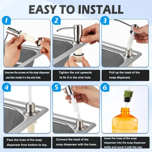 Vista 4 de Dispensador de jabón para fregadero de cocina, bomba dispensadora de jabón para platos de acero inoxidable con tubo de extensión de 47 pulgadas