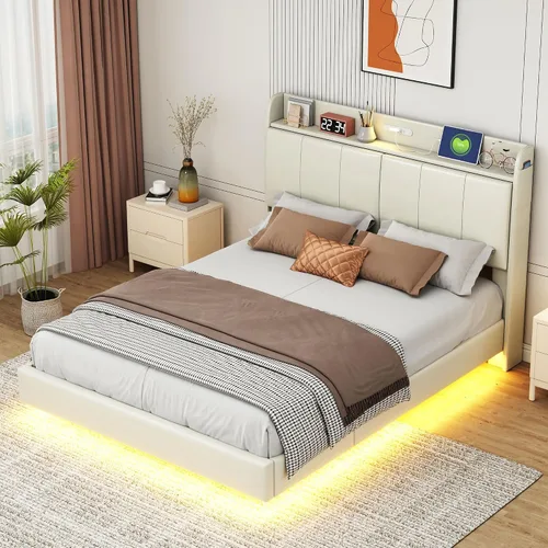 Vista 4 de Base de cama flotante de tamaño Queen, con luces LED de ambiente y carga USB, base de cama LED moderna tapizada de poliuretano con plataforma LED
