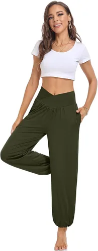 Vista 2 de DACESLON Pantalones de yoga cruzados de cintura alta para mujer, pantalones deportivos tipo harem, pantalones casuales sueltos con bolsillos