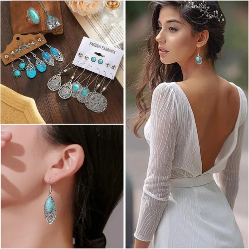 Vista 6 de IFKM Bohemian Jewelry Set With Turquoise Necklace, Dangle Earrings, Stackable Bangle Bracelets, Knuckle Rings For Women Vintage Western Boho