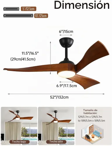 Vista 6 de Sofucor - Ventiladores de techo de 52 pulgadas con luces, ventilador de techo de madera sólida para interiores/exteriores con control remoto, motor