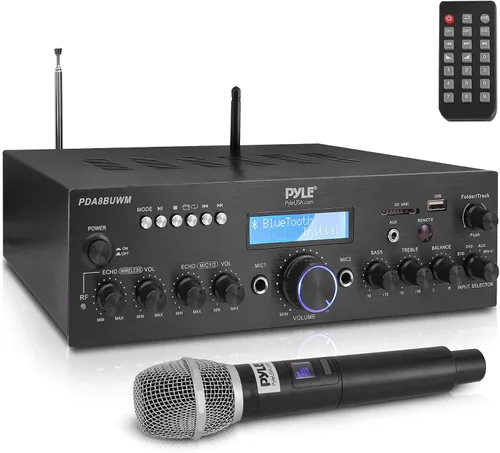 Vista 2 de Pyle Micrófono inalámbrico Amplificador Bluetooth Receptor de audio estéreo - Incluye micrófono inalámbrico, altavoz PA para interiores y exteriores