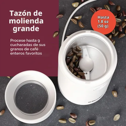 Vista 3 de MuellerLiving Molinillo de café eléctrico para especias, nueces, hierbas y granos de café, cuchilla afilada, acero inoxidable - Blanco