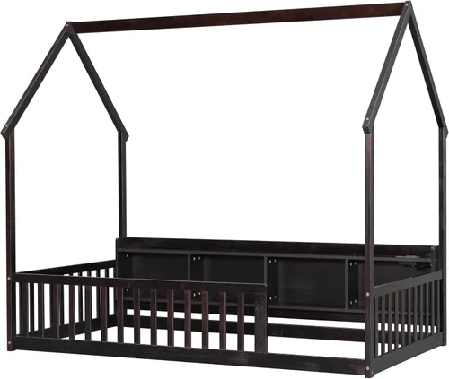 Vista 8 de Bellemave Twin House Floor Bed Frame,Espresso Solid wood montessori bed with storage shelves, built-in LED lights, charging station, no box spring