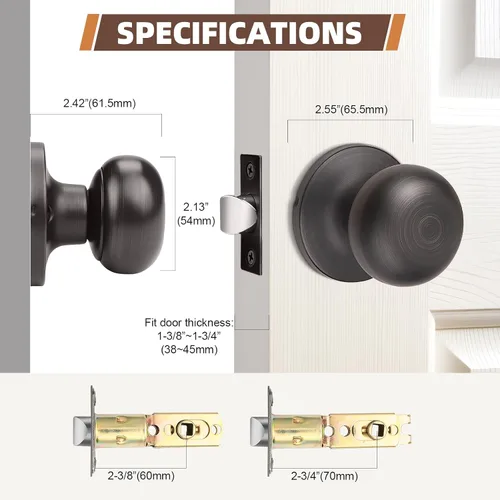 Vista 7 de GOBEKOR 1 paquete de pomos para puerta de paso, pomos interiores de bronce aceitado sin llave, pomo de puerta de armario, perilla de paso redonda