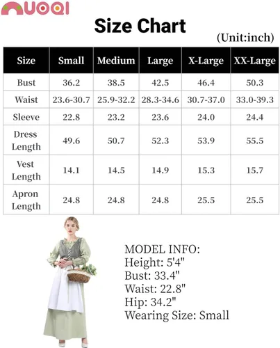 Vista 6 de Nuoqi Colonial Dress Women Green Pioneer Dress Adult Prairie Dress Costume with Apron 4 Pcs Set