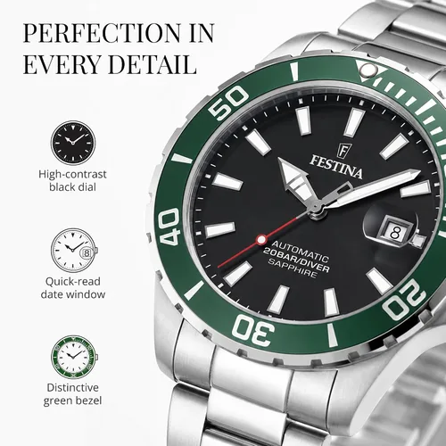 Vista 8 de Festina Reloj automático para hombre, correa de acero inoxidable Black
