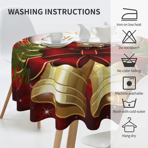 Vista 6 de Mantel redondo de 60 x 60 pulgadas con diseño de campanas de Navidad, de poliéster, resistente a las manchas y a las arrugas, mantel para cocina