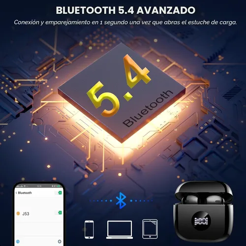 Vista 3 de Auriculares inalámbricos, Bluetooth 5.4, auriculares con pantalla LED de energía, bajos estéreo, auriculares Bluetooth intrauriculares