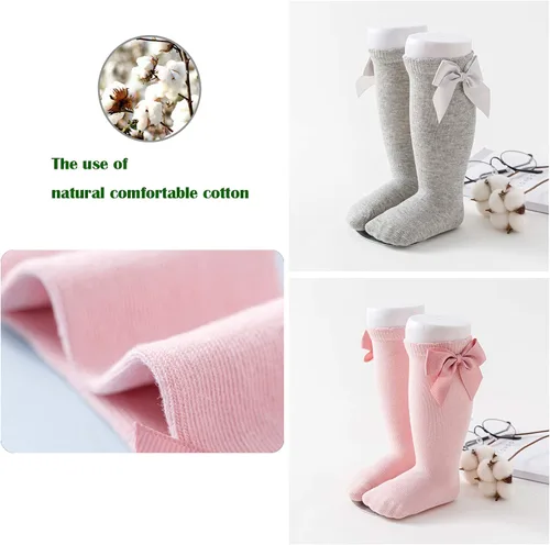 Vista 4 de Calcetines altos hasta la rodilla para bebés y niñas, con lazo, tubo con volantes, de algodón, calcetines largos para bebés y niños pequeños, 5 pares