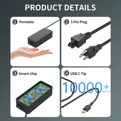 Vista 4 de 65W USB C Type c AC Charger Compatible with Lenovo ThinkPad E580 E585 E590 E590S E595 T480 T490 T580 Yoga C940 C740 thinkbook ADLX65YCC3A Laptop