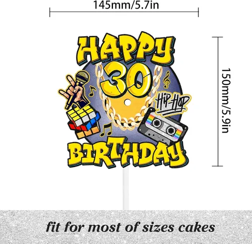 Vista 2 de Decoración de pastel de hip hop para hombres y mujeres, 30 cumpleaños, feliz retro, 70, 80, 90, decoración de fiesta de cumpleaños, fiesta