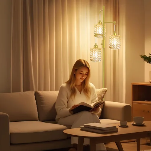 Vista 7 de Lámpara de pie dorada para sala de estar y dormitorio, lámpara de pie vintage de 3 luces con vidrio emplomado, lámparas de pie altas modernas