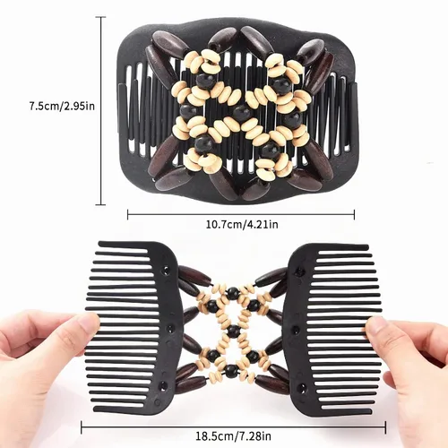 Vista 2 de Yeshan Peines Mágicos para el Cabello para Mujeres con Cuentas de Madera Elásticos Extensibles Dobles Peines Laterales Ajustables Clips Elásticos