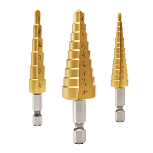 Vista 9 de Paquete de 5 brocas escalonadas y 5 brocas avellanadas, 50 tamaños de brocas con revestimiento de titanio HSS para metal, acero inoxidable