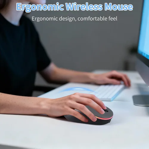 Vista 4 de Ratón ergonómico inalámbrico Bluetooth con luz LED RGB, ratones de computadora portátiles silenciosos recargables de modo dual con receptor USB