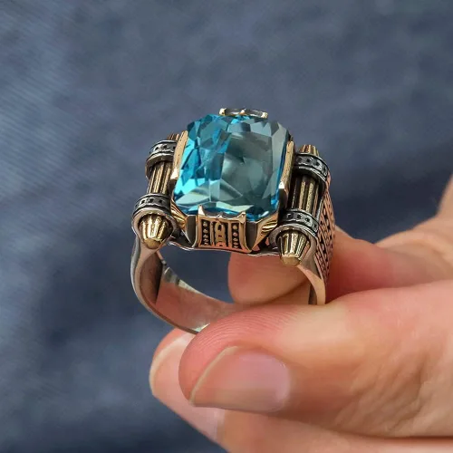 Vista 3 de Anillos de plata de ley 925 para hombre, anillo de aguamarina, anillos para hombre, joyería de aguamarina, anillos de sello para hombre, anillos