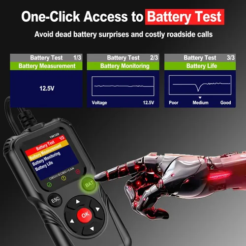 Vista 3 de Escáner OBD2 con probador de batería, lector de códigos de automóvil para comprobar la luz del motor, datos en vivo, voltaje y vida de la batería