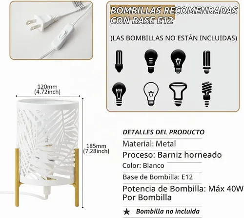 Vista 4 de Lámpara de mesa decorativa, soporte dorado de trípode con pantalla hueca de metal blanco, luz nocturna para mesita, E12 40W, sin bombilla Blanco-33