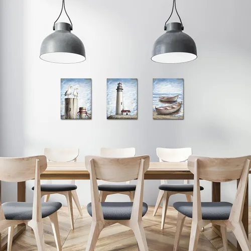 Vista 3 de LoveHouse Lienzo de faro costero, arte de pared, diseño de barco náutico, cuadros de playa, gaviota, paisaje marino, pintura, obra de arte de granja